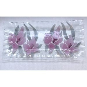 Vintage Sydenstriker Fused Art Glass Tray with Pink Orchids Ruffled Edges 15 …